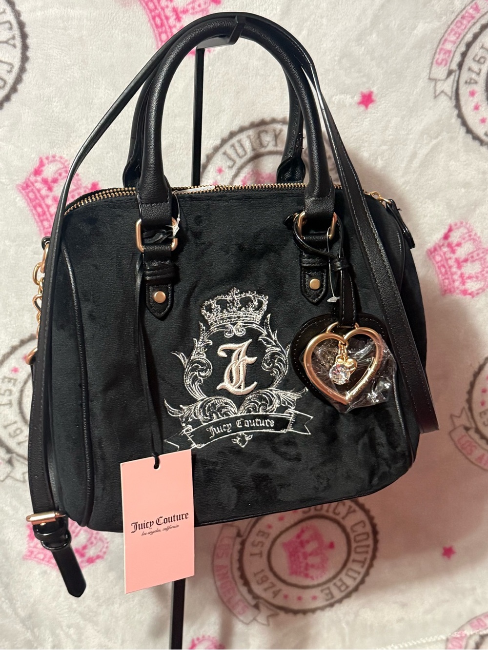 Juicy Couture Black Velvet Satchel with Heart Charm Accent